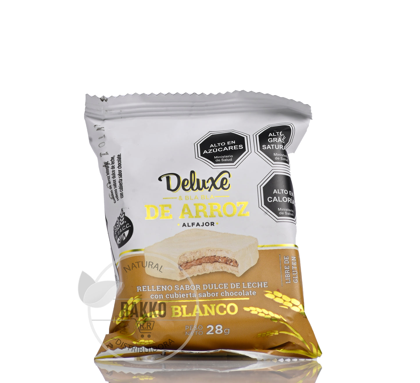 ALFAJOR RELLENO DE DULCE DE LECHE CON CHOCOLATE BLANCO SIN GLUTEN 28g
