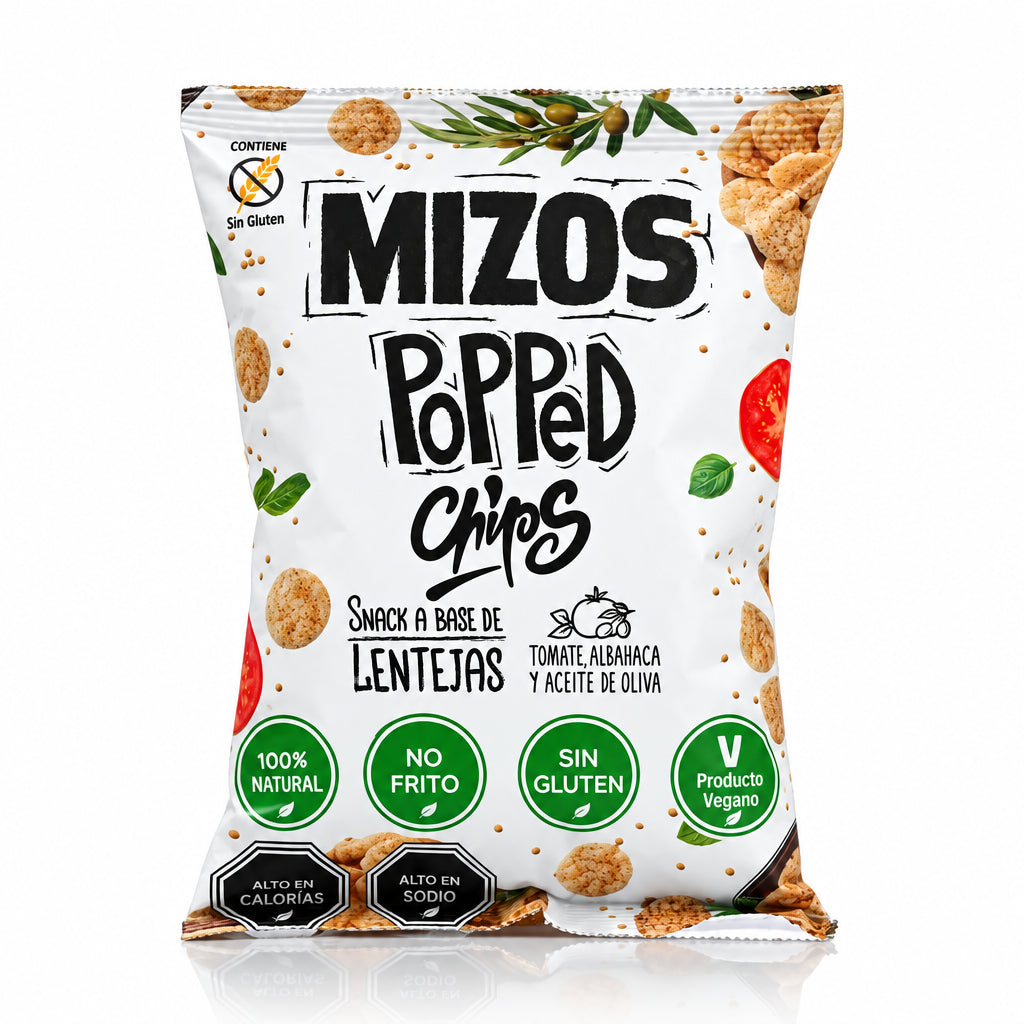MIZOS POPPED CHIPS SABOR TOMATE,ALBAHACA Y ACEITE DE OLIVA 20G