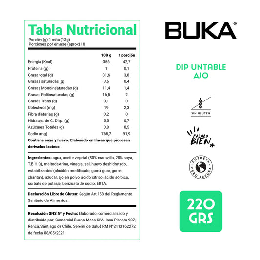 BUKA DIPS AJO SUAVE TOSTADO SIN GLUTEN 220GRS
