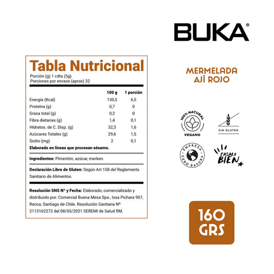 BUKA MERMELADA AJI ROJO SIN GLUTEN VEGANO 160g