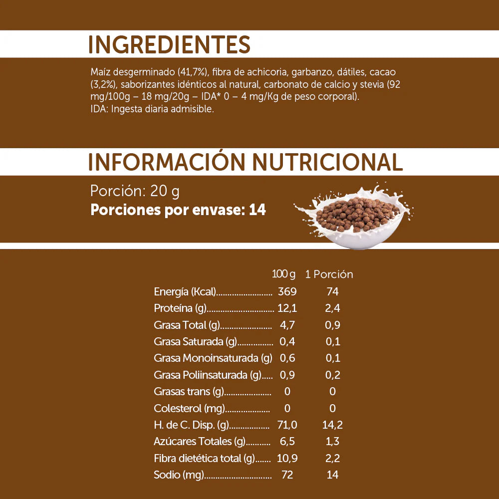 CEREAL DE MAIZ SABOR CHOCOLATE SIN GLUTEN VEGANO 280g vencimiento 19/05/2026