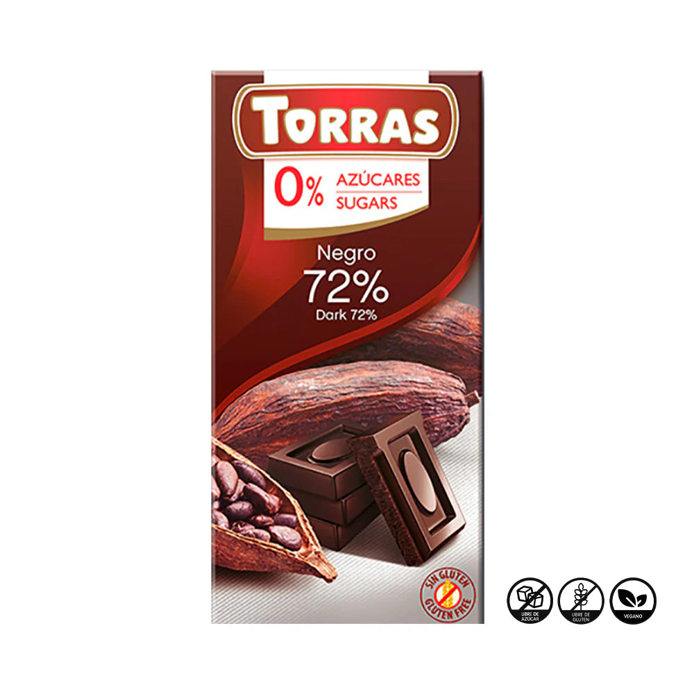 TORRAS CHOCOLATE DARK 72%CACAO , 0% AZUCAR, SIN GLUTEN 75g