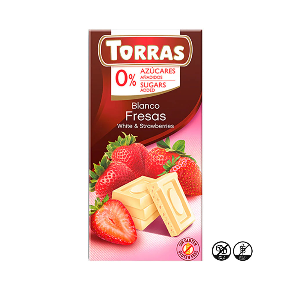 TORRAS CHOCOLATE BLANCO CON FRESAS 0% AZUCAR, SIN GLUTEN 75g