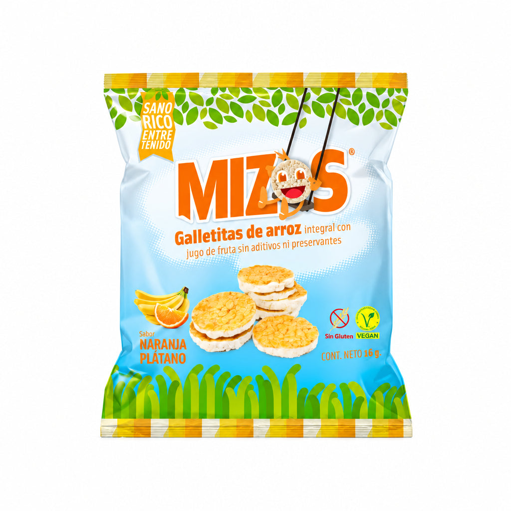 MIZOS GALLETAS DE ARROZ SABOR NARANJA PLATANO 16G