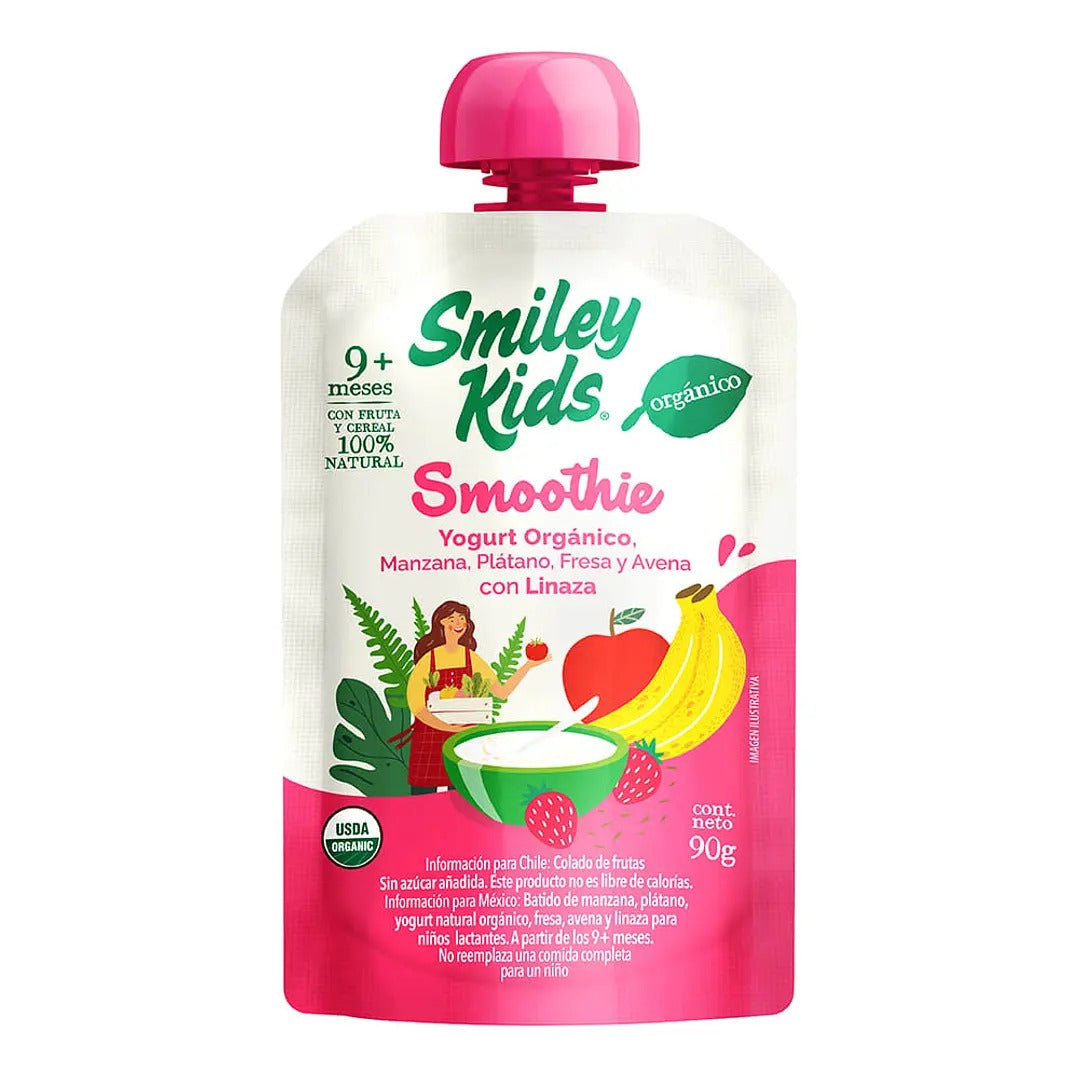 SMILEY KIDS SMOOTHIE ORGANICO MANZANA PLATANO FRESA AVENA LINAZA 90GR