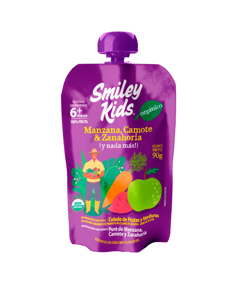 SMILEY KIDS COMPOTA ORGANICA MANZANA CAMOTE ZANAHORIA 90GR