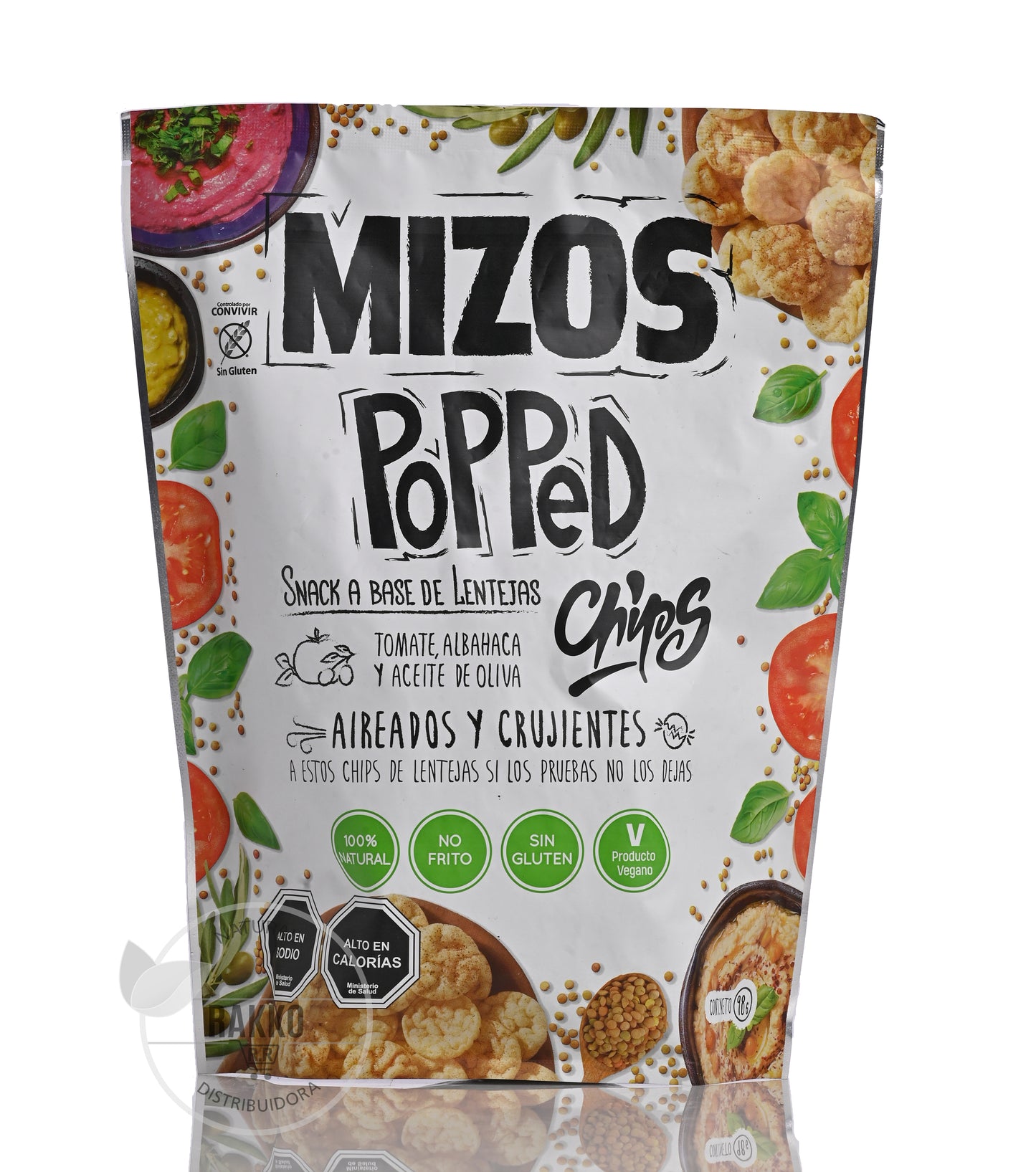 MIZOS POPPED CHIPS SABOR TOMATE,ALBAHACA Y ACEITE DE OLIVA 98g