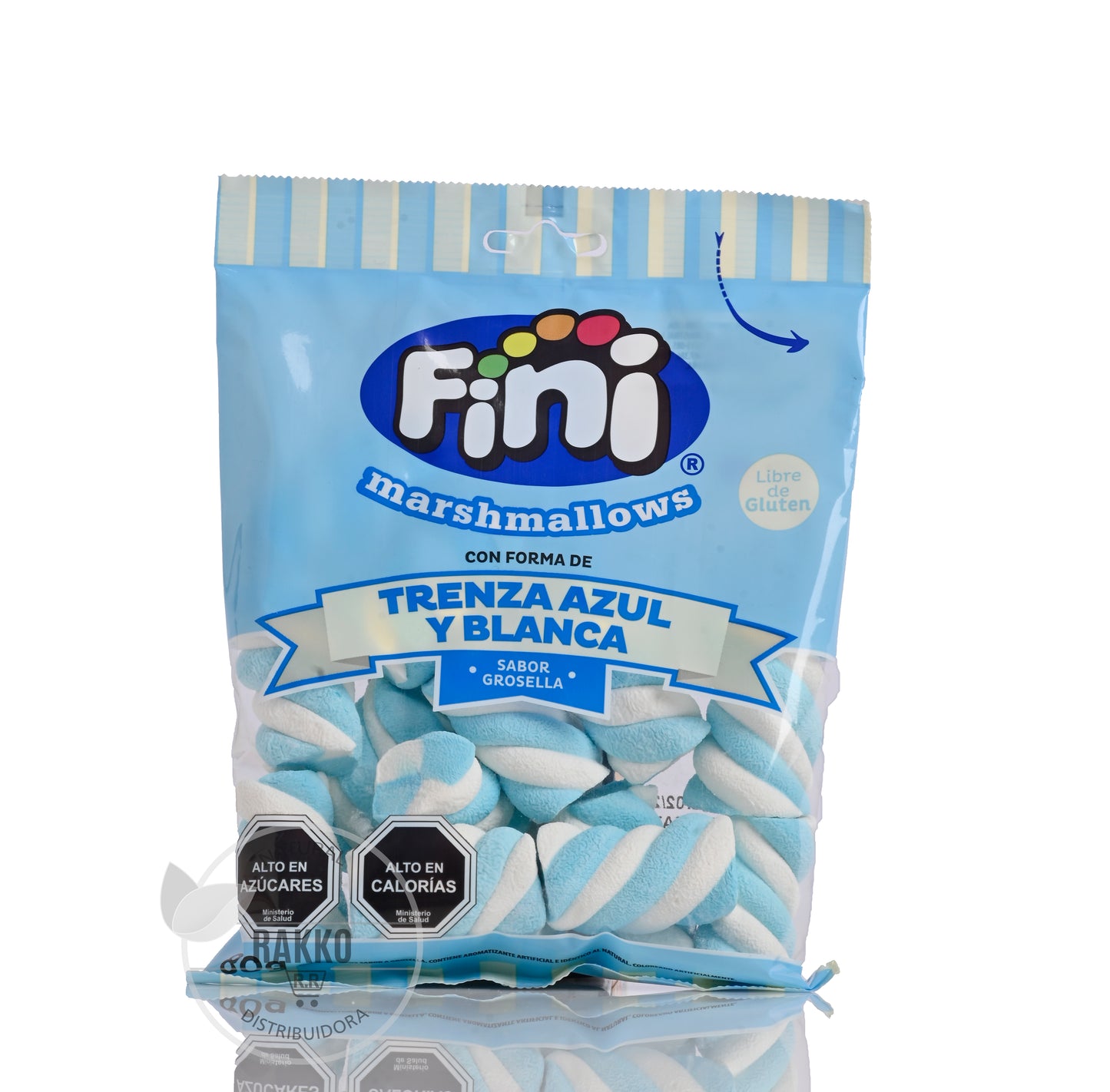 MARSHMALLOW TRENZA AZUL Y BLANCA SABOR GROSELLA SIN GLUTEN 80g