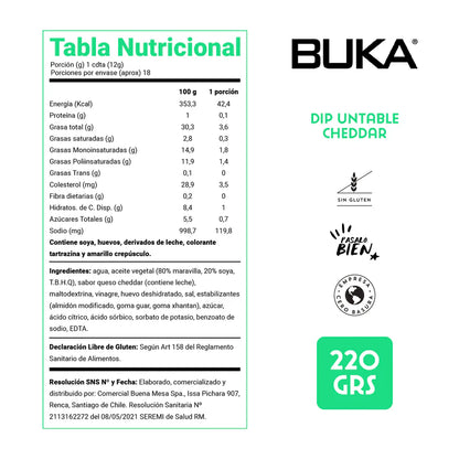 BUKA DIPS CHEDDAR SIN GLUTEN 220GRS