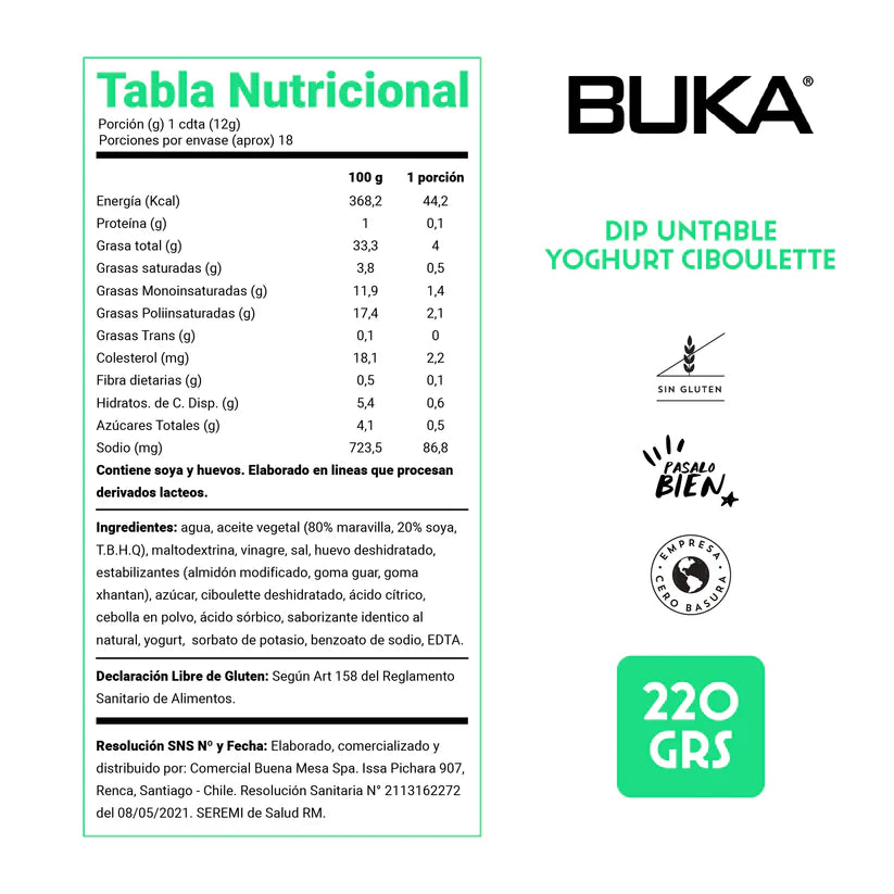 BUKA DIPS YOGURT CIBOULETTE SIN GLUTEN 220GRS