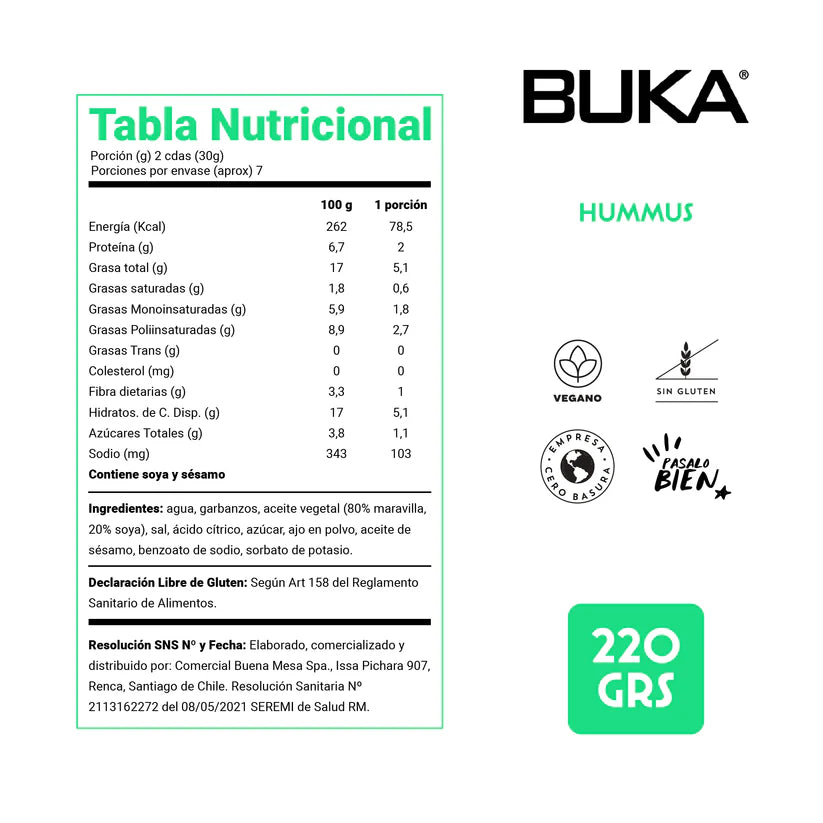 BUKA DIPS HUMMUS SIN GLUTEN VEGANO  220GRS