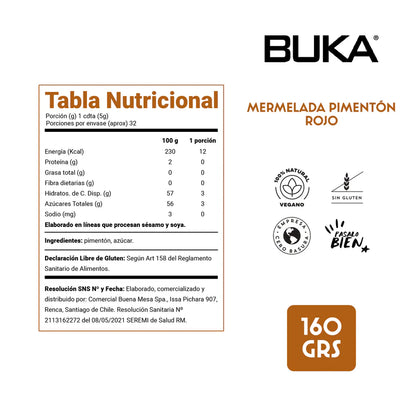 BUKA MERMELADA PIMENTON ROJO SIN GLUTEN VEGANA 160g