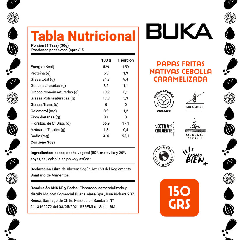 BUKA PAPAS NATIVAS 100% ARTESANALES CEBOLLA CARAMELIZADA SIN GLUTEN VEGANO 150g