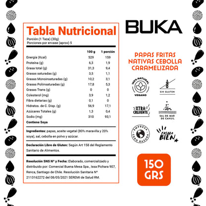 BUKA PAPAS NATIVAS 100% ARTESANALES CEBOLLA CARAMELIZADA SIN GLUTEN VEGANO 150g