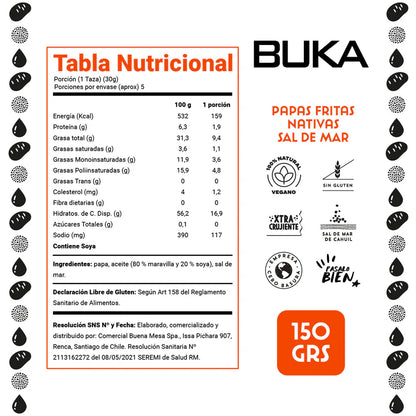 BUKA PAPAS FRITAS NATIVAS CON SAL DE MAR DIN GLUTEN VEGANO 150g