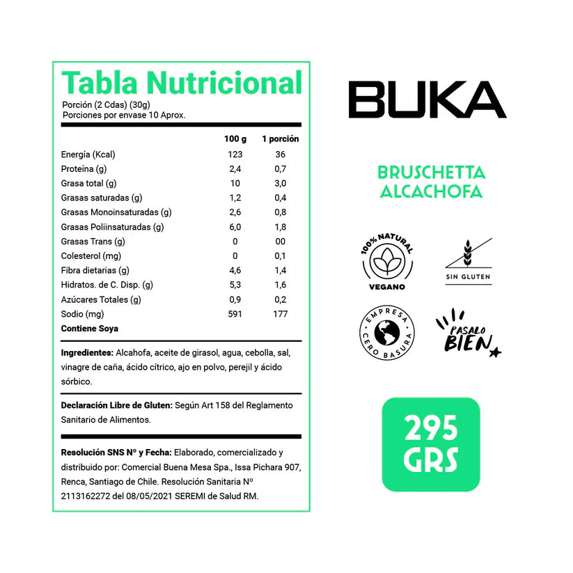 BUKA PASTA BRUSCHETTA ALCACHOFA SIN GLUTEN VEGANO 295g