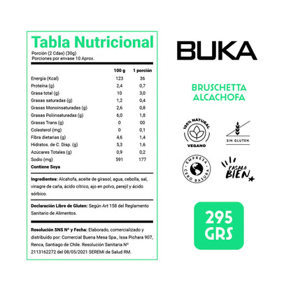 BUKA PASTA BRUSCHETTA ALCACHOFA SIN GLUTEN VEGANO 295g