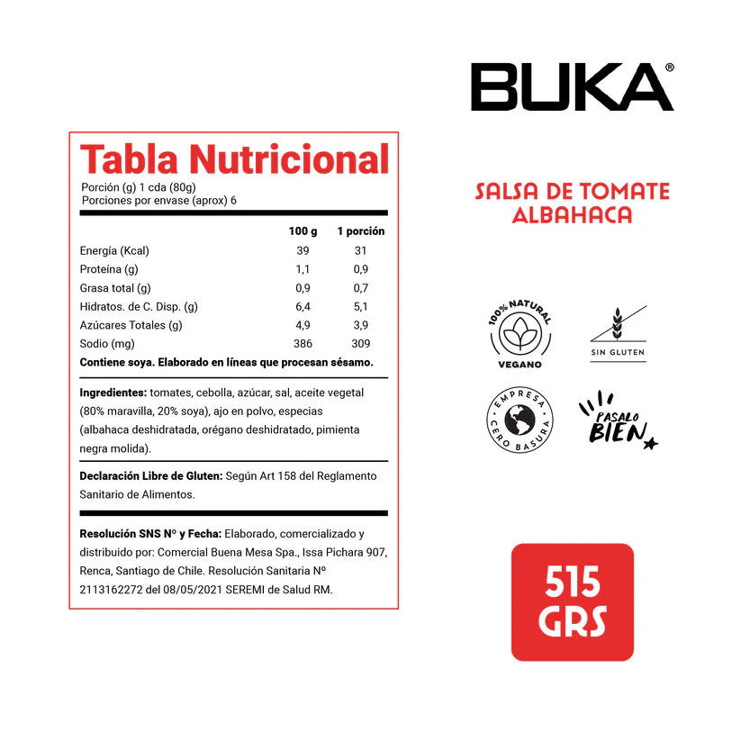 BUKA PASTA DE TOMATE ALBAHACA SIN GLUTEN VEGANO 515g