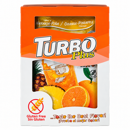 TURBO PLUS JUGO SABOR NARANJA-PIÑA DISPLAY 10UN SIN GLUTEN