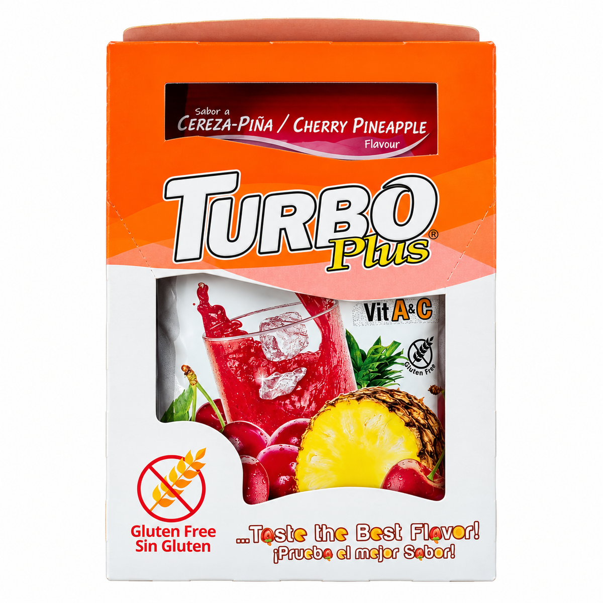 TURBO PLUS JUGO SABOR CEREZA-PIÑA DISPLAY 10UN SIN GLUTEN