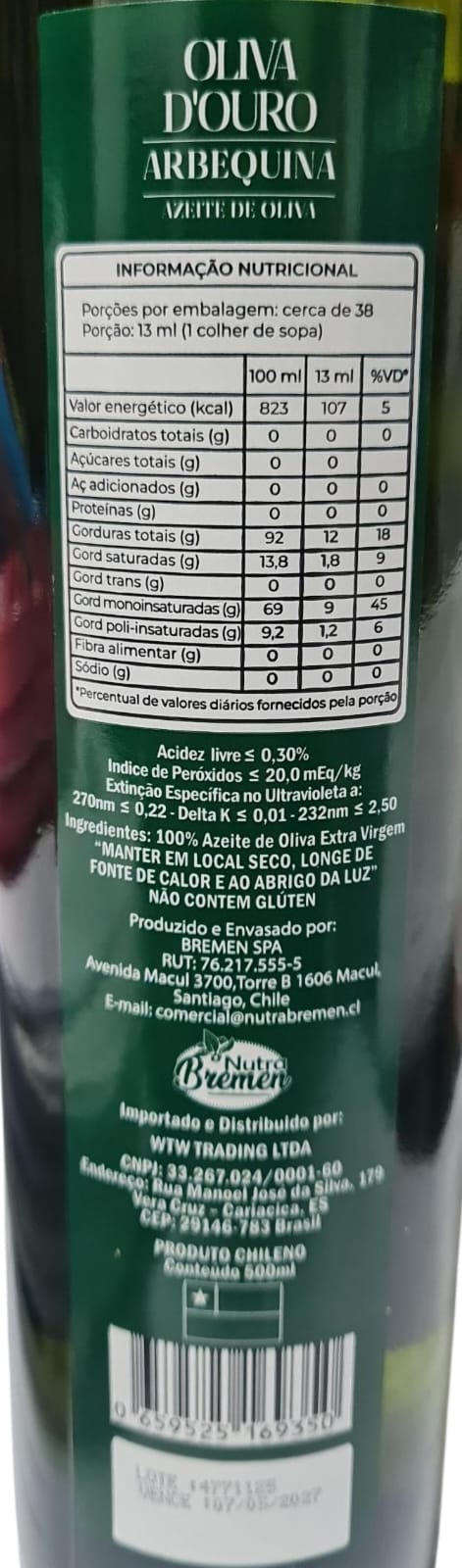 ACEITE DE OLIVA EXTRA VIRGEN D´OURO SIN GLUTEN  0.3% ACIDEZ 500ML