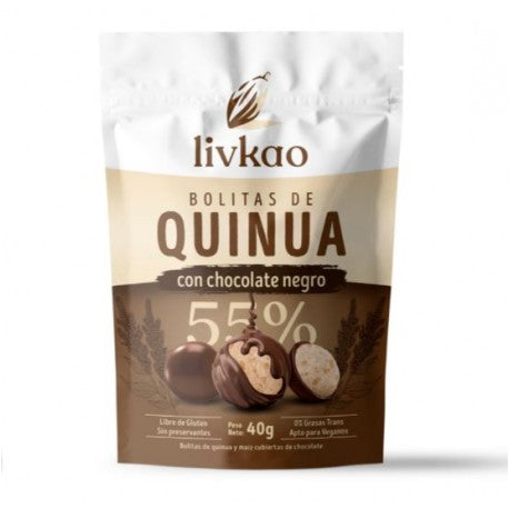 BOLITAS DE QUINOA CON CHOCOLATE NEGRO 55% CACAO SIN GLUTEN 40g