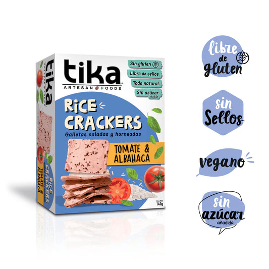 TIKA CRACKERS TOMATE & ALBAHACA VEGANO SIN GLUTEN 140gr liquidacion 12/06/2026