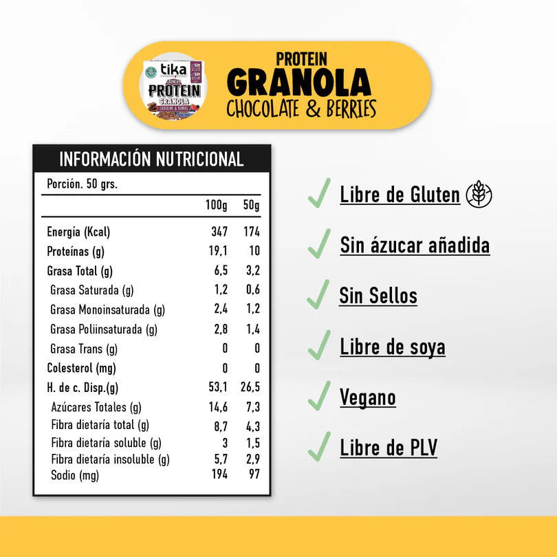TIKA GRANOLA PROTEIN CHOCOLATE & BERRIERS VEGANA SIN GLUTEN 250g