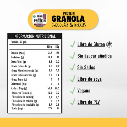 TIKA GRANOLA PROTEIN CHOCOLATE & BERRIERS VEGANA SIN GLUTEN 250g