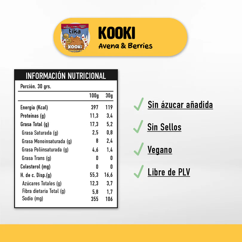 TIKA KOOKI AVENA & BERRIES VEGANO SIN AZUCAR 3UN 90gr liquidacion 13/09/2026