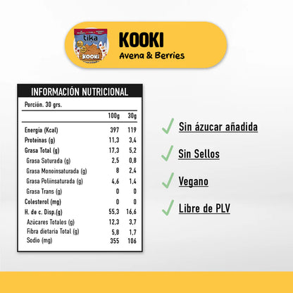 TIKA KOOKI AVENA & BERRIES VEGANO SIN AZUCAR 3UN 90gr liquidacion 13/09/2026